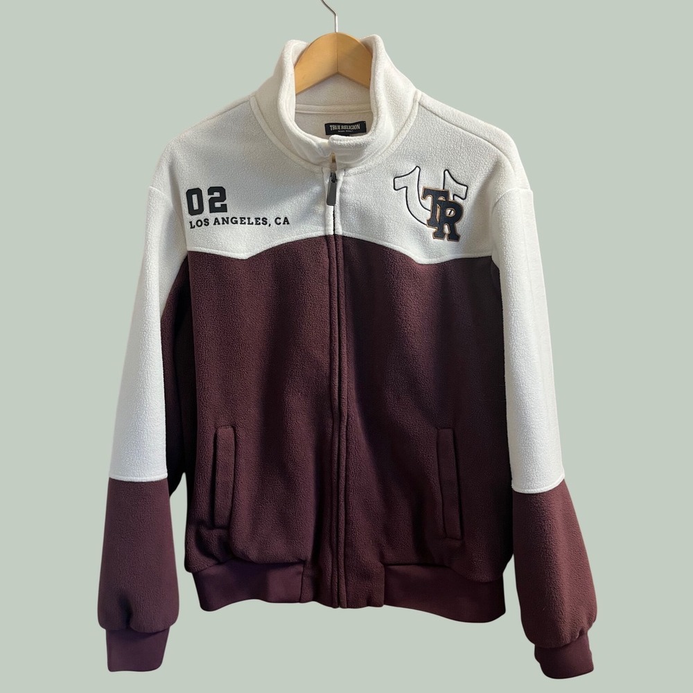 True Religion Fleece Track Jacket Mens Medium Burgundy Cream Colorblock Zip Up